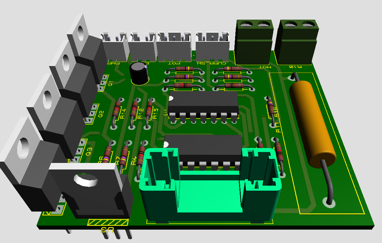 Through-hole PCB angled render